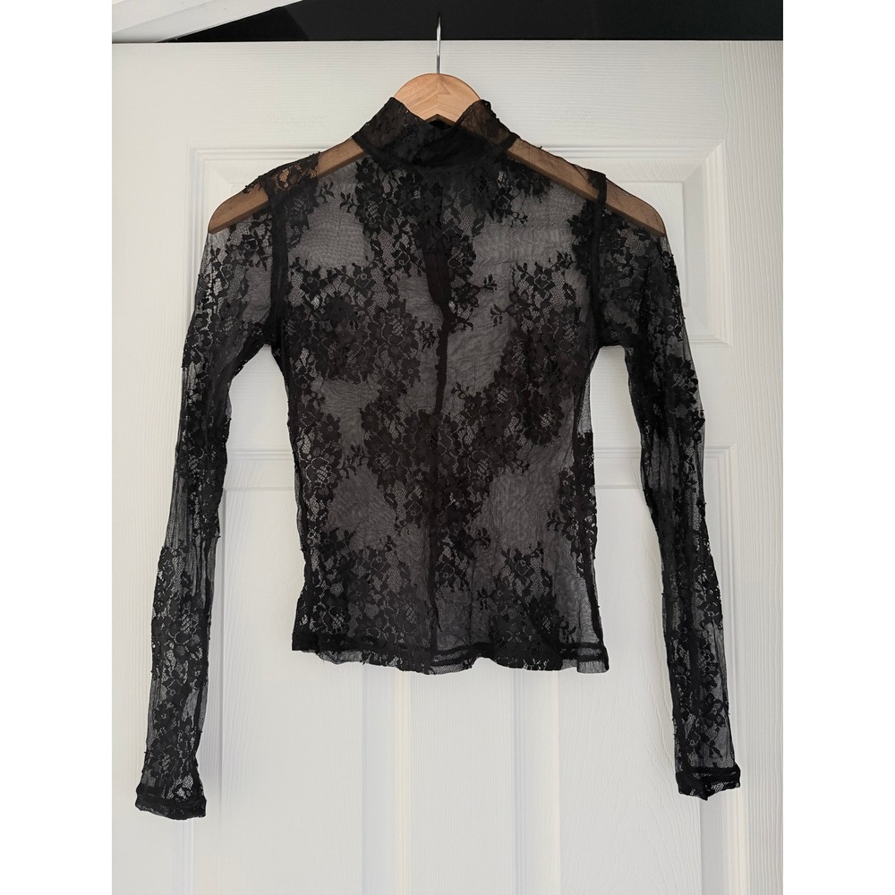 MNG Whimsygoth Womens Black Lace Knit Mockneck Top Grunge Goth Romantic